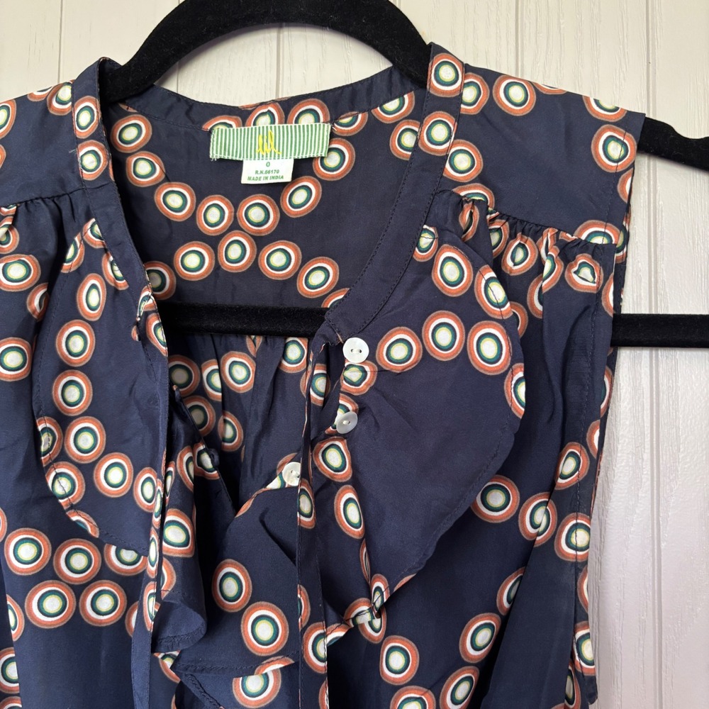 Anthropologie Lil Bullseye Silk Dress with Button Front and Ruffle Size 0